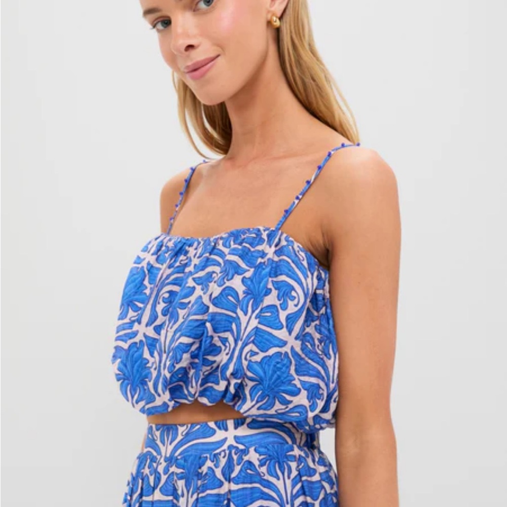 English Factory Blue and White Crop Top with Spaghetti Straps